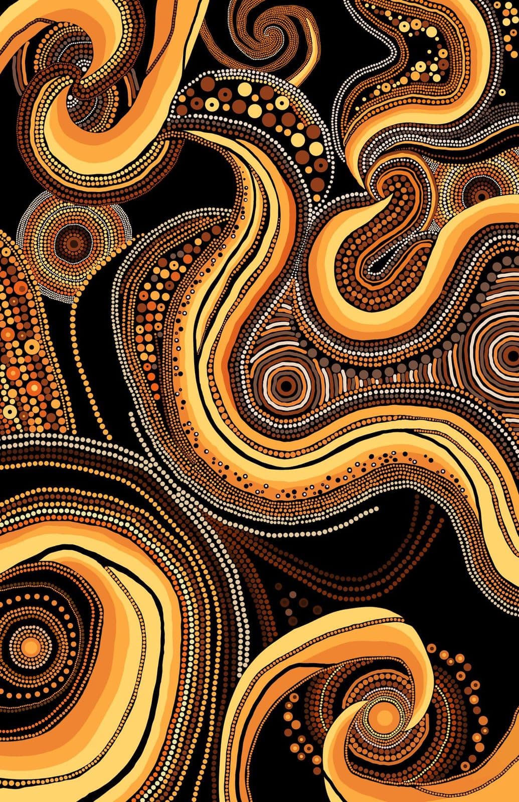 Kyle Wicker’s original artwork used on the bag: flowing forms and dot work in ochre, orange and cream on black